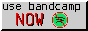 a badge that says 'use bandcamp now' while the now flashes colors. on the right spotify logo crossed out